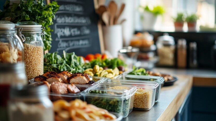 A kitchen counter filled with neatly arranged meal prep containers containing a variety of fresh vegetables, grains, and grilled chicken