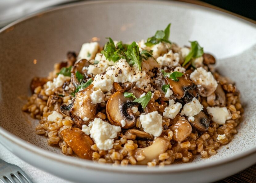 A close-up of a bowl of whole grain risotto with mushrooms, cheese, and herbs, emphasizing a nutritious and hearty meal